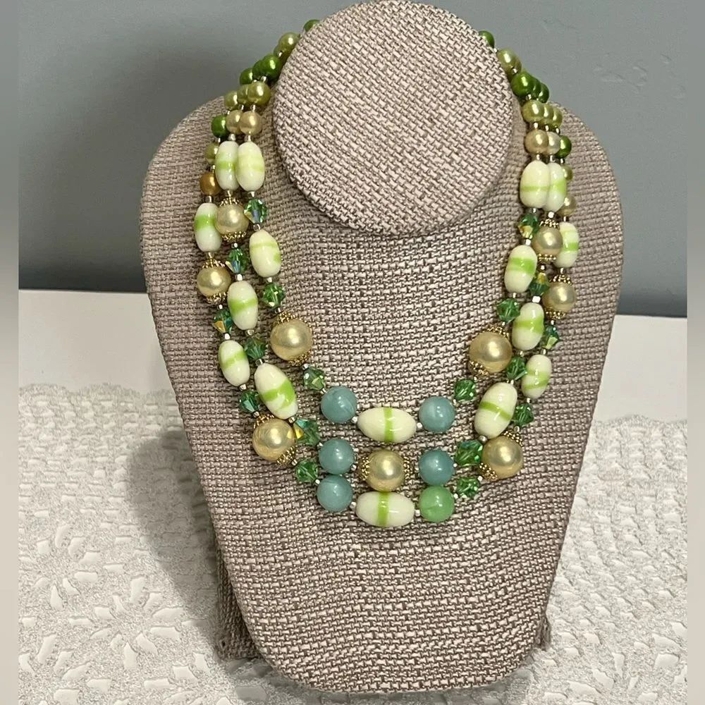 Vintage 1950’s JAPAN 3 Row Green Art Glass Beaded Glam Statement necklace